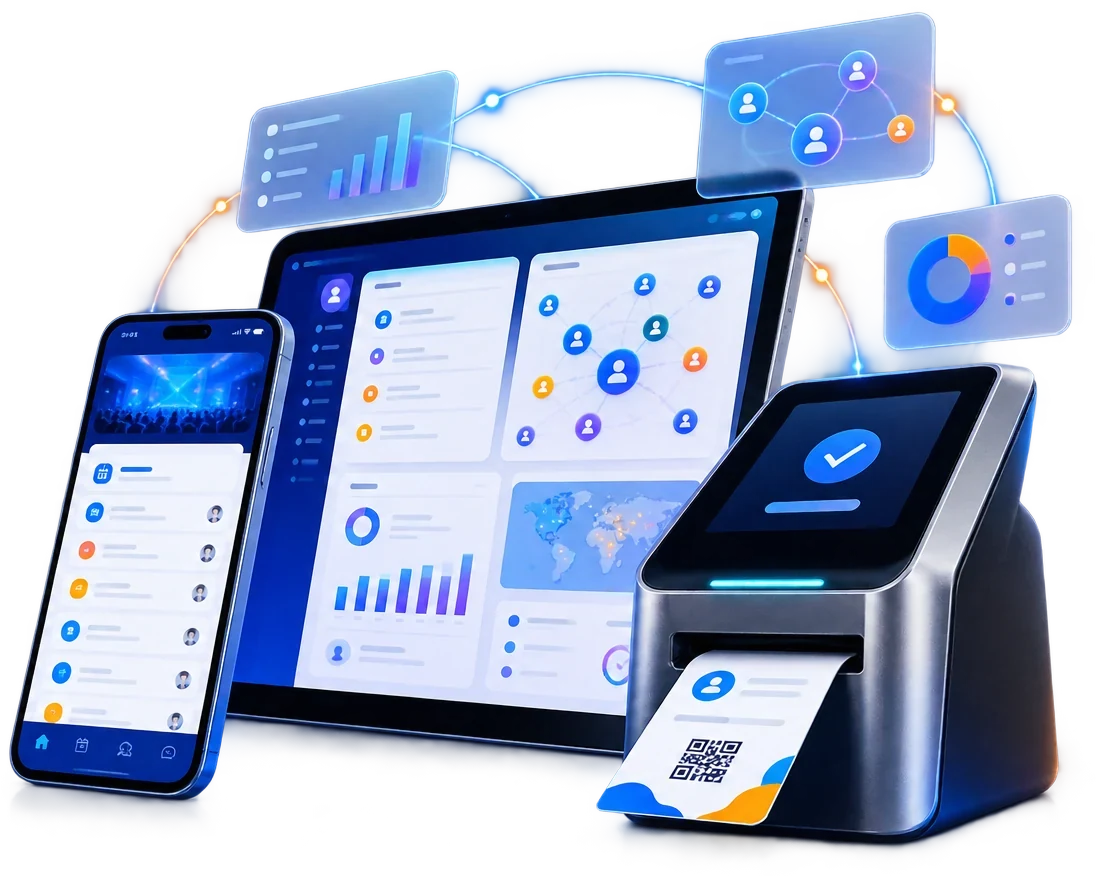 The Eventdex event app, organizer dashboard and badge-printing check-in kiosk