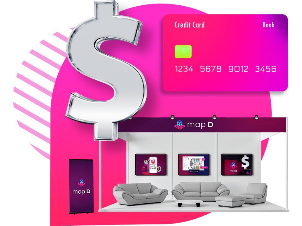Self-serve booth selection and payment interface showing interactive floor plan