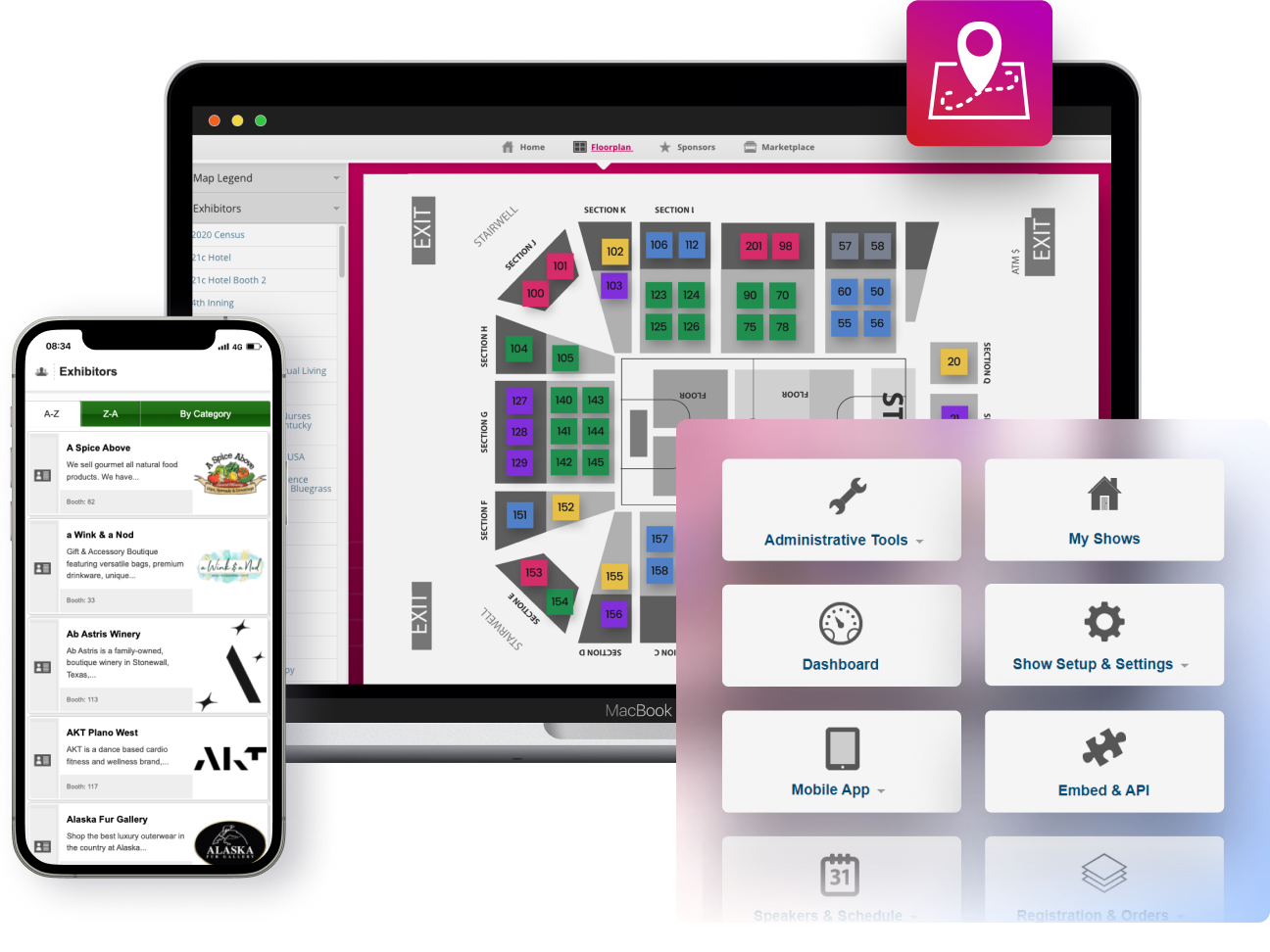 Interactive floor plan with event venue mapping showing booth locations and wayfinding
